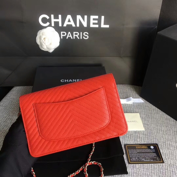 Chanel WOC Flap Shoulder Bag Red Calfskin Leather A33814 Silver