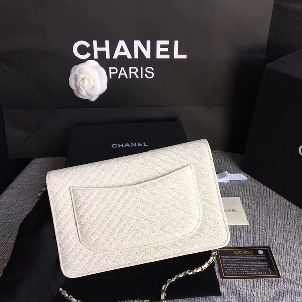 Chanel WOC Flap Shoulder Bag Offwhite Calfskin Leather A33814 Silver