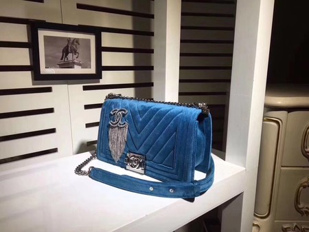 Boy Chanel Flap Shoulder Bag Chevron Velvet Leather A67068C Blue