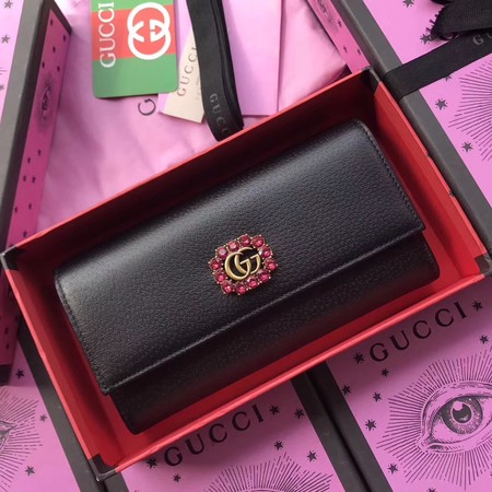 Gucci Leather Continental Wallet with Double G and Crystals 499790 Black