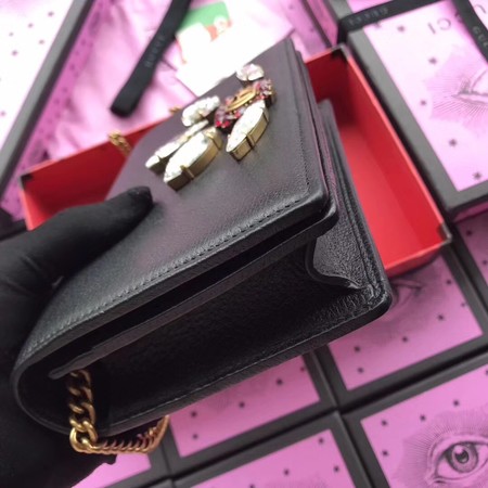 Gucci Leather mini Chain Bag with Double G and Crystals ‎499782 Black