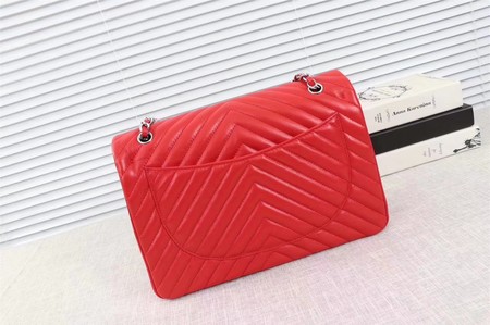 Chanel Maxi Classic Flap Bag Red Chevron Sheepskin Leather A58601 Silver