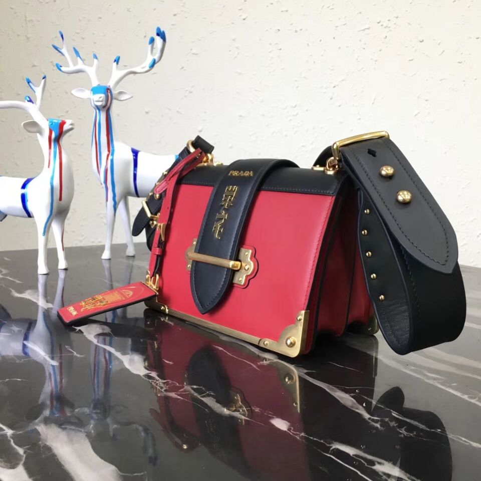 Prada Cahier Leather Shoulder Bag 1BD045 Black&Red