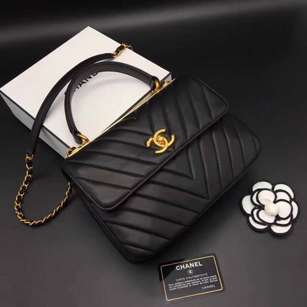 Chanel Classic Top Handle Bag Chevron Sheepskin Leather CHA2371 Black