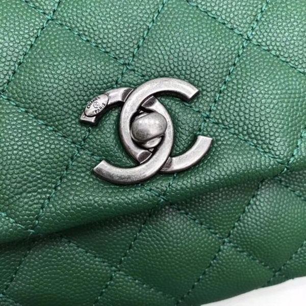 Chanel Classic Top Handle Bag Green Cannage Pattern A92290 Silver