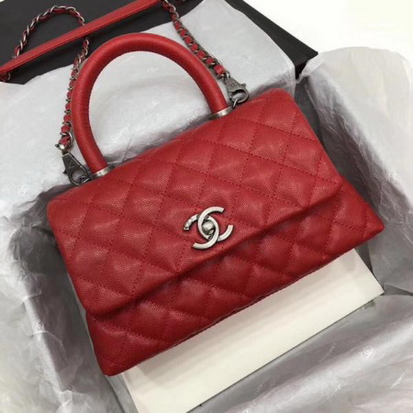 Chanel Classic Top Handle Bag Red Cannage Pattern A92290 Silver