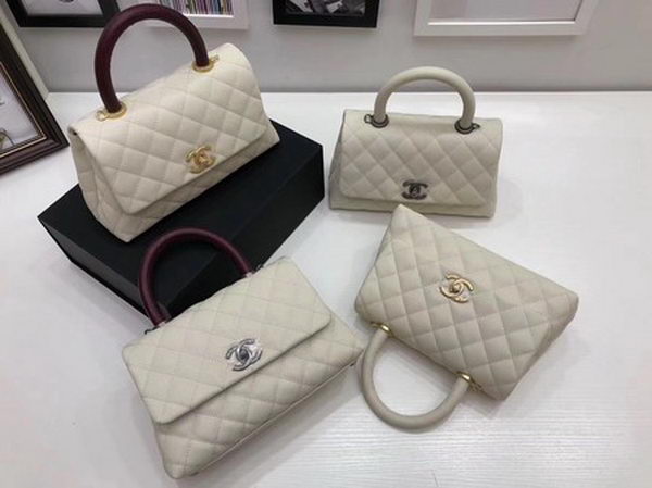 Chanel Classic Top Handle Bag White Cannage Pattern A92290 Silver