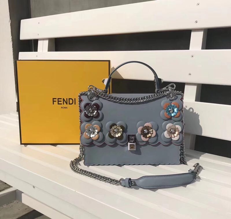 FENDI Flowers Shoulder Bag Calfskin Leather FD3680 Blue