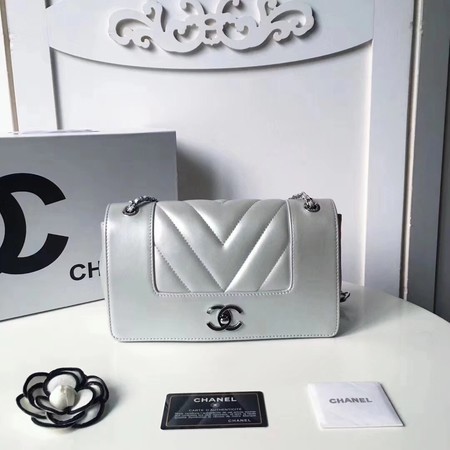 Chanel V Veins Calfskin Leather Flap Shoulder Bag 5692 Silver