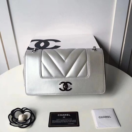 Chanel V Veins Calfskin Leather Flap Shoulder Bag 5692 Silver