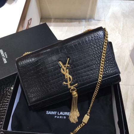 Yves Saint Laurent Crocodile Leather Shoulder Bag 1456 Black&Gold