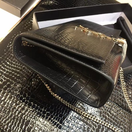 Yves Saint Laurent Crocodile Leather Shoulder Bag 1456 Black&Silver