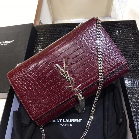 Yves Saint Laurent Crocodile Leather Shoulder Bag 1456 Wine&Silver