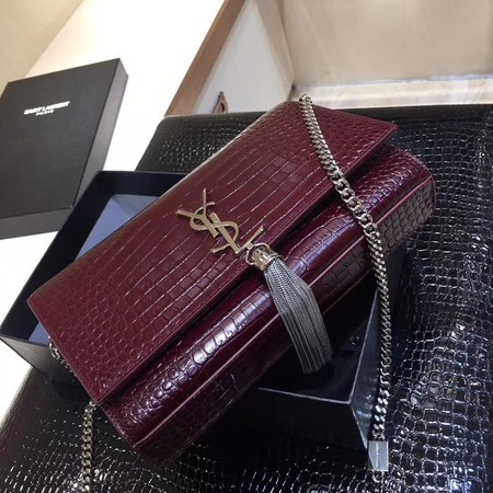 Yves Saint Laurent Crocodile Leather Shoulder Bag 1456 Wine&Silver