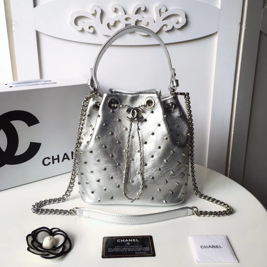 Chanel origianl Calf leather drawstring bag 3377 silver