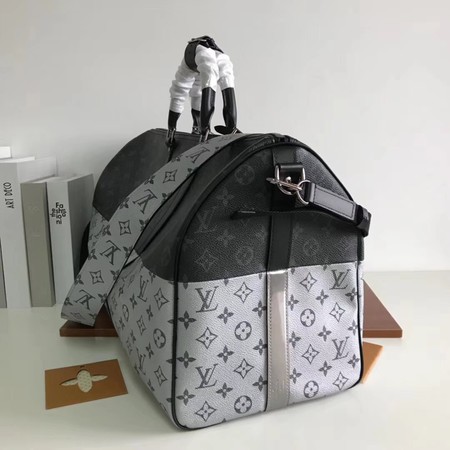 Louis Vuitton Monogram Macassar Canvas Keepall 50 Strap M43817 Silver&Black