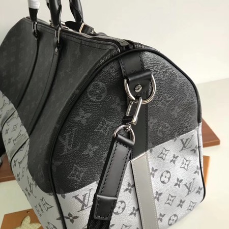 Louis Vuitton Monogram Macassar Canvas Keepall 50 Strap M43817 Silver&Black