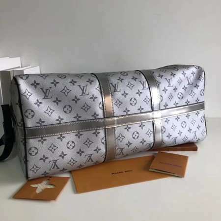 Louis Vuitton Monogram Macassar Canvas Keepall 50 Strap M43817 Silver&Black