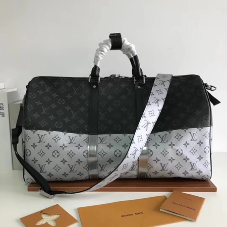 Louis Vuitton Monogram Macassar Canvas Keepall 50 Strap M43817 Silver&Black