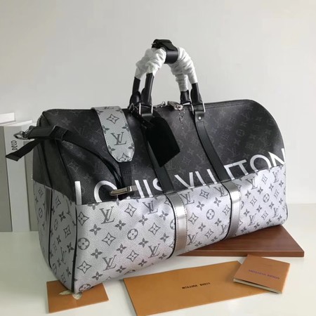 Louis Vuitton Monogram Macassar Canvas Keepall 50 Strap M43817 Silver&Black