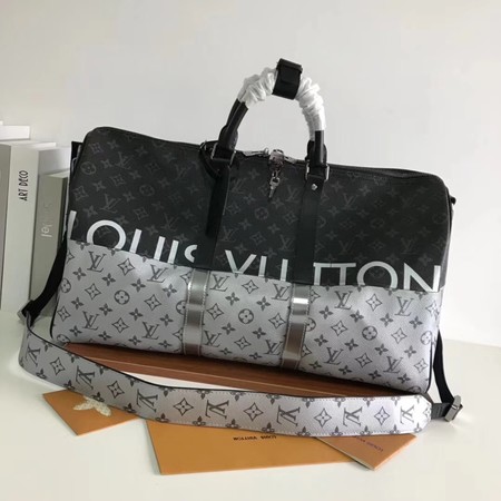 Louis Vuitton Monogram Macassar Canvas Keepall 50 Strap M43817 Silver&Black