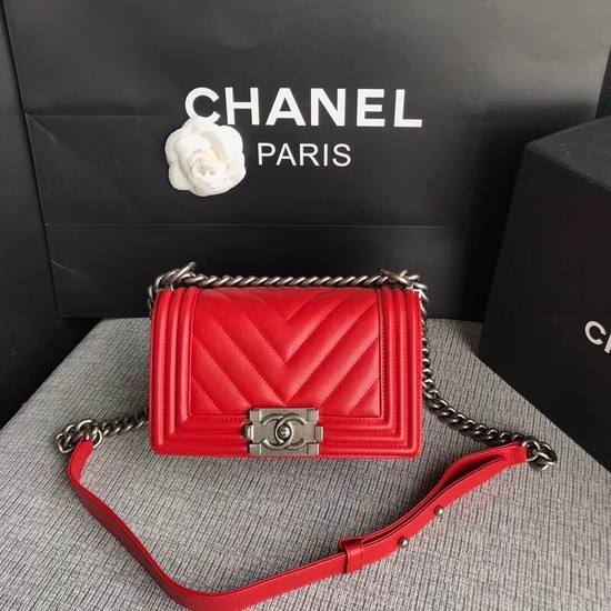 Chanel Le Boy Flap Shoulder Bag Original Caviar Leather P67085 Cherry silver Buckle