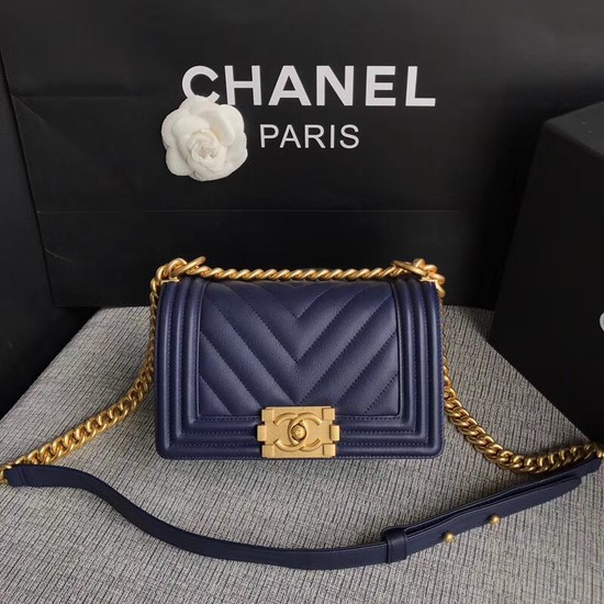 Chanel Le Boy Flap Shoulder Bag Original Calf leather A67085 dark blue Gold Buckle