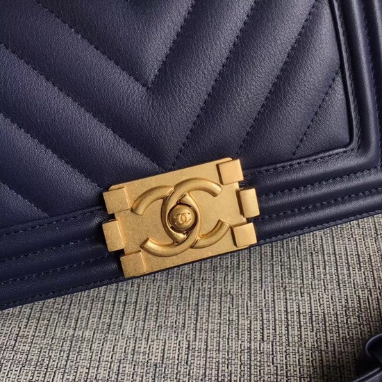 Chanel Le Boy Flap Shoulder Bag Original Calf leather A67085 dark blue Gold Buckle