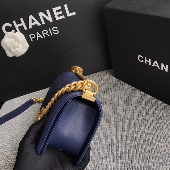 Chanel Le Boy Flap Shoulder Bag Original Calf leather A67085 dark blue Gold Buckle