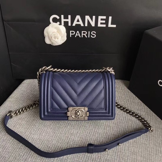 Chanel Le Boy Flap Shoulder Bag Original Calf leather A67085 dark blue silver Buckle