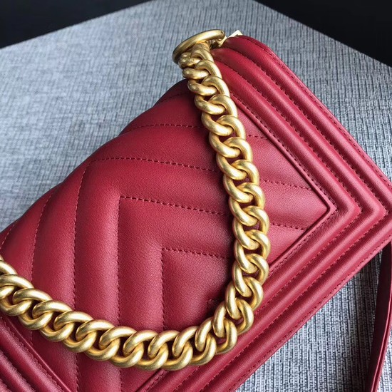 Chanel Le Boy Flap Shoulder Bag Original Calf leather A67085 deep red Gold Buckle