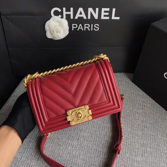 Chanel Le Boy Flap Shoulder Bag Original Calf leather A67085 deep red Gold Buckle