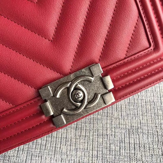 Chanel Le Boy Flap Shoulder Bag Original Calf leather A67085 deep red silver Buckle