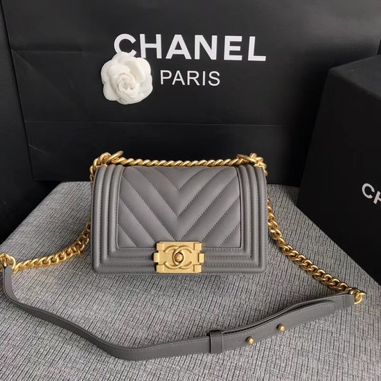 Chanel Le Boy Flap Shoulder Bag Original Calf leather A67085 grey Gold Buckle