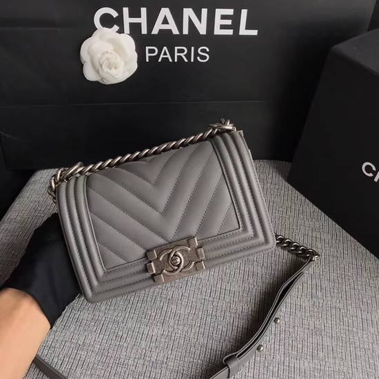 Chanel Le Boy Flap Shoulder Bag Original Calf leather A67085 grey silver Buckle