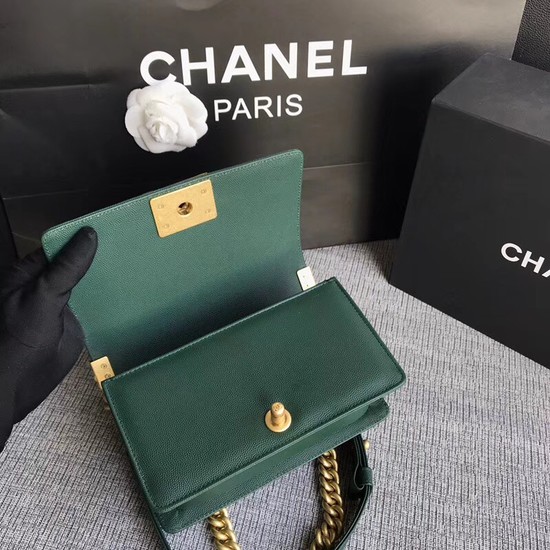 Chanel Le Boy Flap Shoulder Bag Original Caviar Leather P67085 Blackish green Gold Buckle