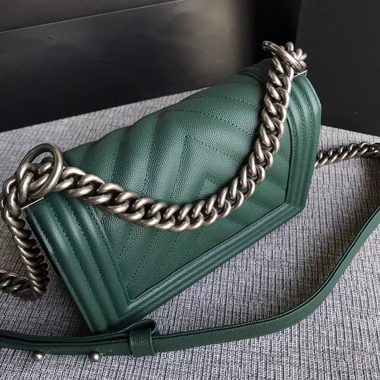 Chanel Le Boy Flap Shoulder Bag Original Caviar Leather P67085 Blackish green silver Buckle