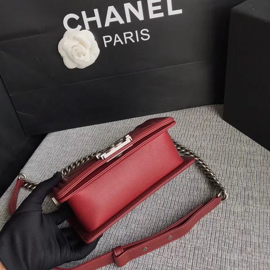 Chanel Le Boy Flap Shoulder Bag Original Caviar Leather P67085 Deep red silver Buckle