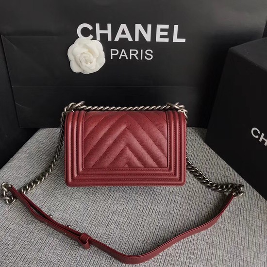 Chanel Le Boy Flap Shoulder Bag Original Caviar Leather P67085 Deep red silver Buckle