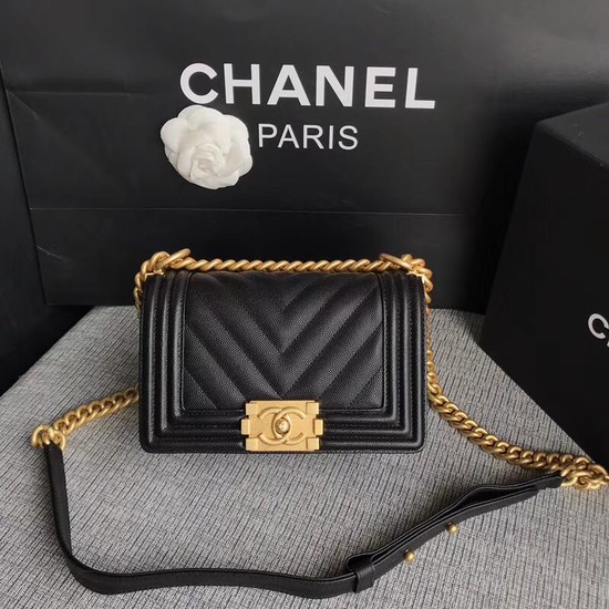 Chanel Le Boy Flap Shoulder Bag Original Caviar Leather P67085 black Gold Buckle