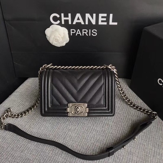 Chanel Le Boy Flap Shoulder Bag Original Caviar Leather P67085 black silver Buckle