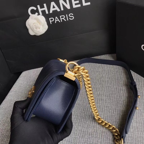 Chanel Le Boy Flap Shoulder Bag Original Caviar Leather P67085 dark blue Gold Buckle