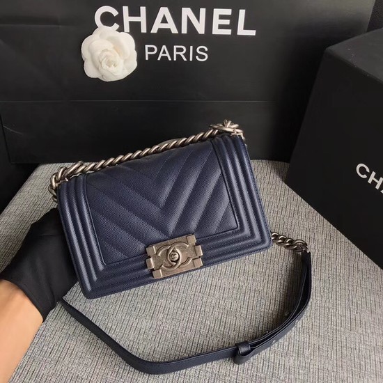 Chanel Le Boy Flap Shoulder Bag Original Caviar Leather P67085 dark blue silver Buckle