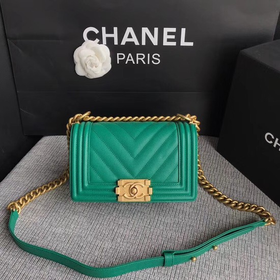 Chanel Le Boy Flap Shoulder Bag Original Caviar Leather P67085 green Gold Buckle