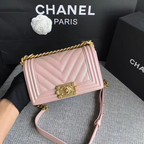 Chanel Le Boy Flap Shoulder Bag Original Caviar Leather P67085 pink Gold Buckle