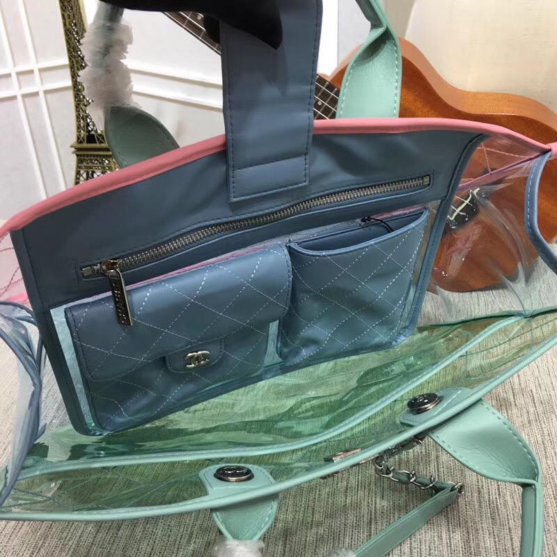 Chanel transparent Calf leather Tote Shopping Bag 8048 green