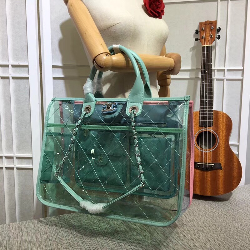 Chanel transparent Calf leather Tote Shopping Bag 8048 green