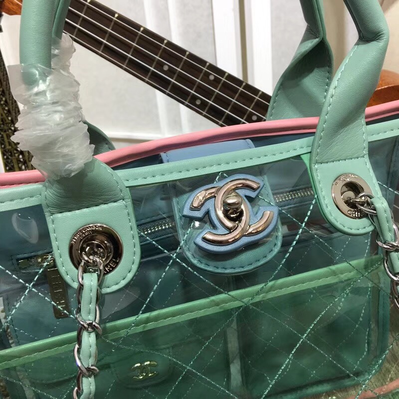 Chanel transparent Calf leather Tote Shopping Bag 8048 green