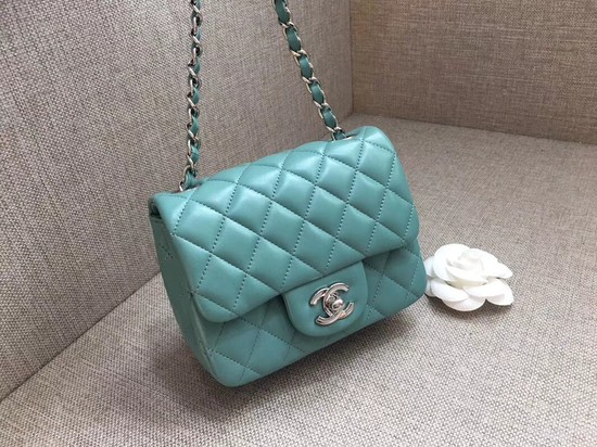 Chanel Classic MINI Flap Bag original Sheepskin Leather A1115 Light blue silver chain