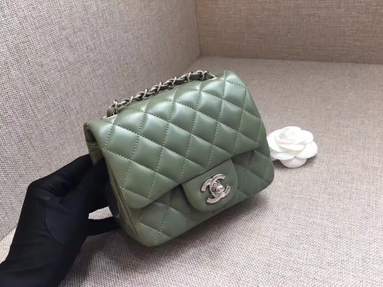 Chanel Classic MINI Flap Bag original Sheepskin Leather A1115 green silver chain